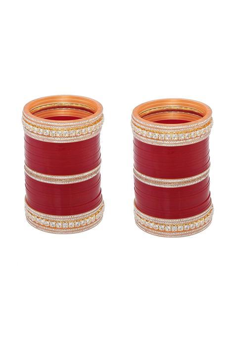 Lucky Jewellery Bridal Bangle Set Wedding Punjabi Chuda Solitair Designer Chura CZ Stone Maroon Color Choora