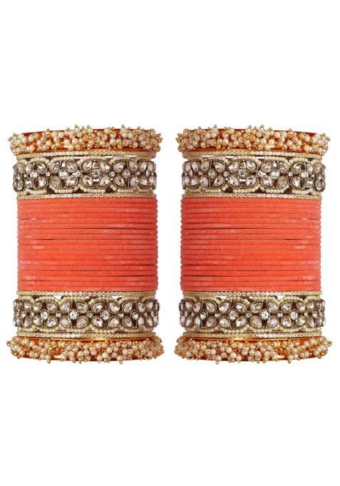 Peach Premium Bridal Metal Bangles Kundan Stone and Pearl Embellished