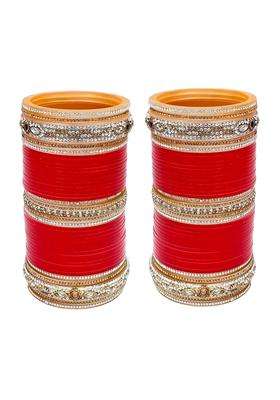 Lucky Jewellery Bridal Bangle Set Dhanteras Diwali Bhai Dooj Collection Red Dulhan Golden and White Stone