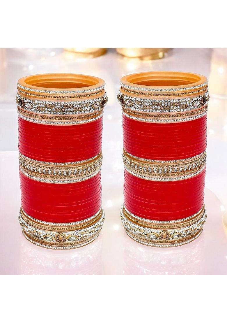Lucky Jewellery Bridal Bangle Set Dhanteras Diwali Bhai Dooj Collection Red Dulhan Golden and White Stone - Indya