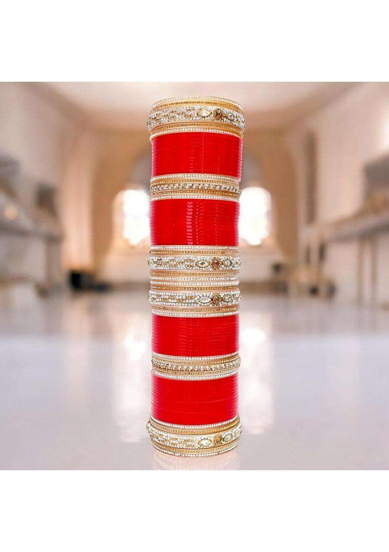 Lucky Jewellery Bridal Bangle Set Dhanteras Diwali Bhai Dooj Collection Red Dulhan Golden and White Stone - Indya