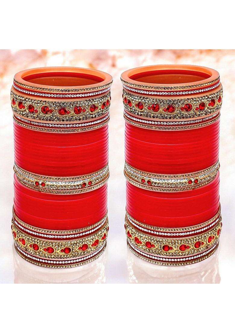 Lucky Jewellery Designer Golden White and Red Stone Chuda Bridal Dulhan Wedding Choora Fashion Chura Set - Indya