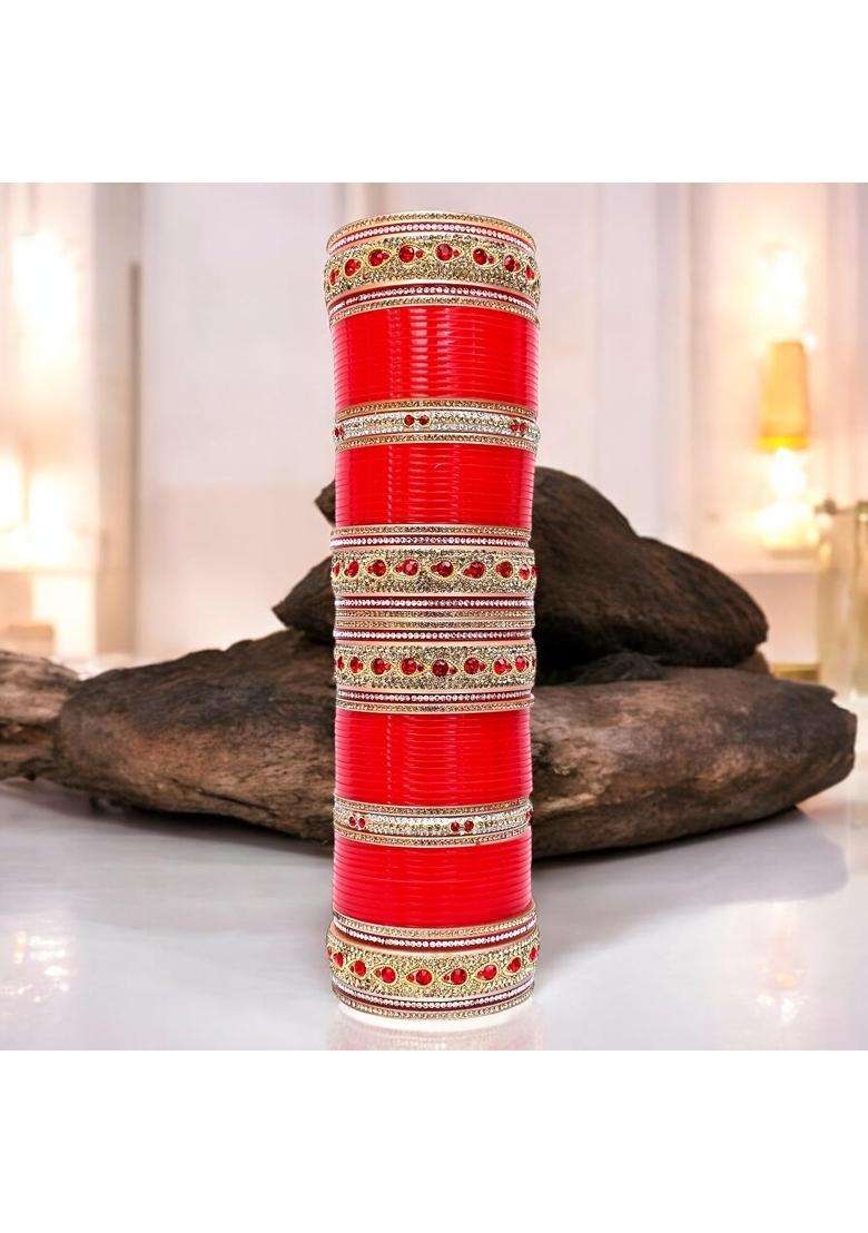 Lucky Jewellery Designer Golden White and Red Stone Chuda Bridal Dulhan Wedding Choora Fashion Chura Set - Indya