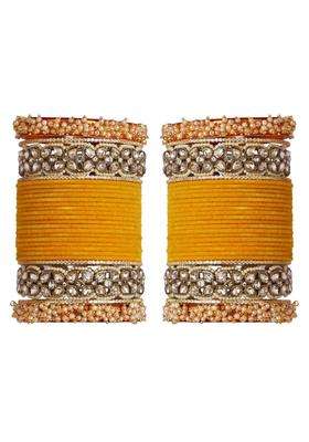 Yellow Premium Bridal Metal Bangles Kundan Stone and Pearl Embellished