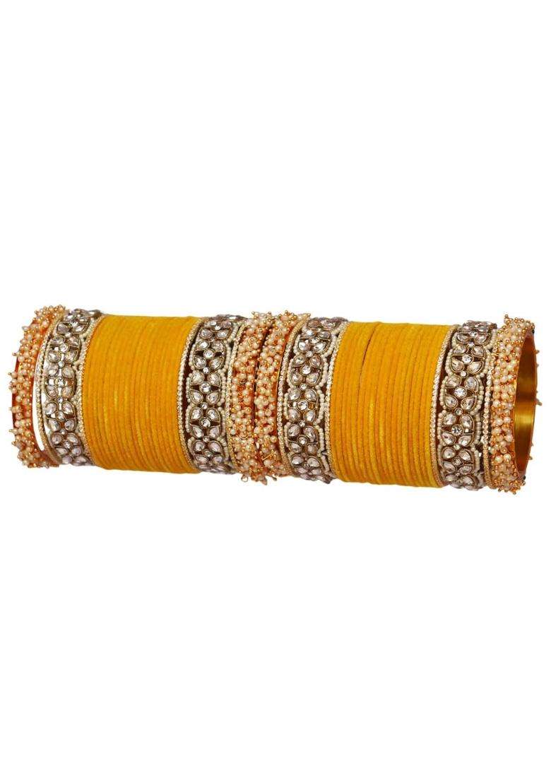 Yellow Premium Bridal Metal Bangles Kundan Stone and Pearl Embellished - Indya