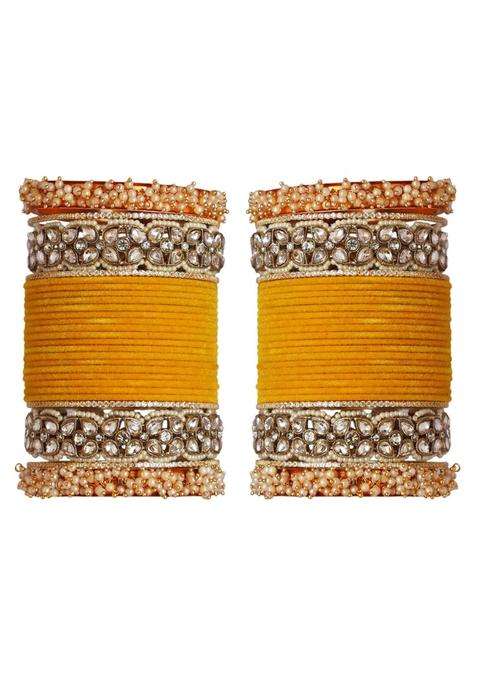 Yellow Premium Bridal Metal Bangles Kundan Stone and Pearl Embellished