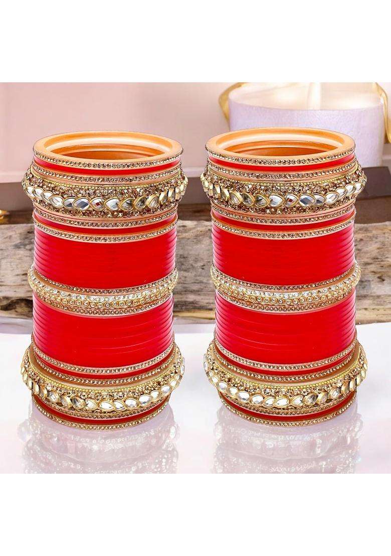 Lucky Jewellery Bridal Bangle Set Dhanteras Diwali Bhai Dooj Collection Red Designer White Kundan and Golden - Indya