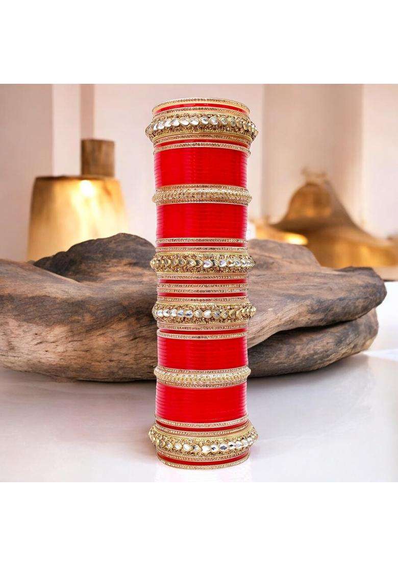 Lucky Jewellery Bridal Bangle Set Dhanteras Diwali Bhai Dooj Collection Red Designer White Kundan and Golden - Indya