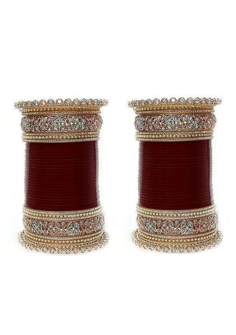 Latest Red Designer Rose Gold Choora Bridal Punjabi Choora Bridal AD Bangles Set Fashion Jewellery Chuda Set - Indya