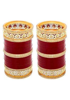 Lucky Jewellery Bridal Bangle Set Wedding Punjabi Chuda Designer Chura AD and CZ Stone Red Color Choora Set