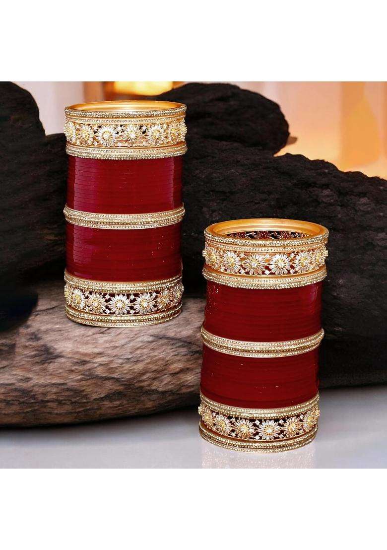 Lucky Jewellery Bridal Bangle Set Wedding Punjabi Chuda Designer Chura AD and CZ Stone Red Color Choora Set - Indya