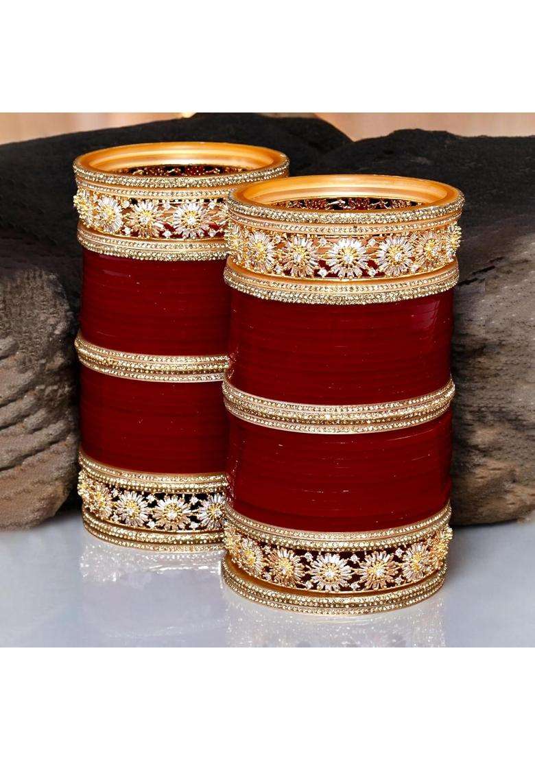 Lucky Jewellery Bridal Bangle Set Wedding Punjabi Chuda Designer Chura AD and CZ Stone Red Color Choora Set - Indya