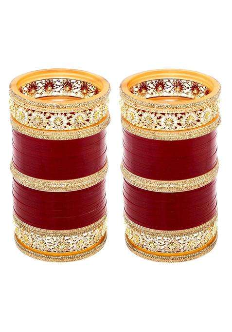 Lucky Jewellery Bridal Bangle Set Wedding Punjabi Chuda Designer Chura AD and CZ Stone Red Color Choora Set