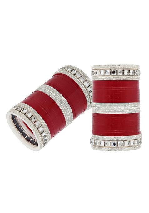 Lucky Jewellery Bridal Bangle Set Wedding Punjabi Chuda White Kundan Designer Chura CZ Stone Maroon Color