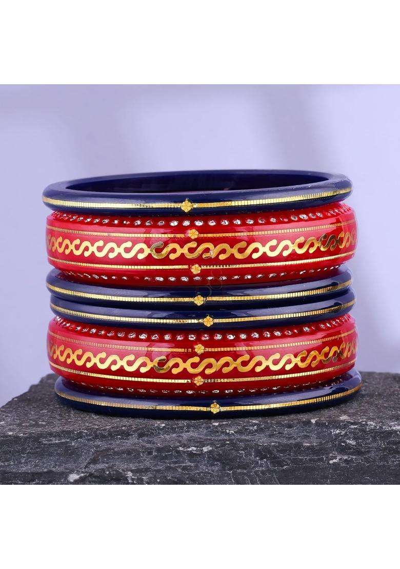 Bapasitaram Jewels 22K Yellow Gold Traditional Red and Blue Chura Bangle Set for Women - Indya
