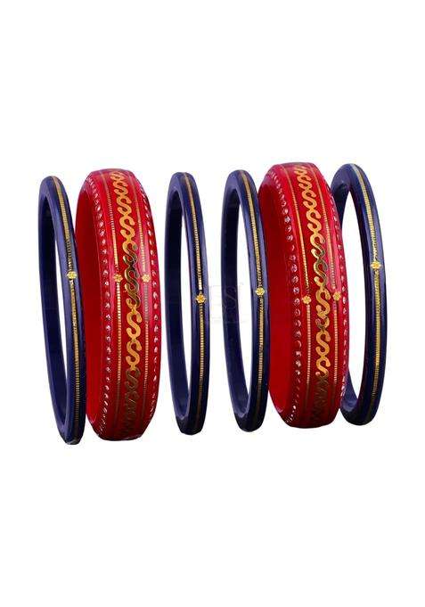 Bapasitaram Jewels 22K Yellow Gold Traditional Red and Blue Chura Bangle Set for Women