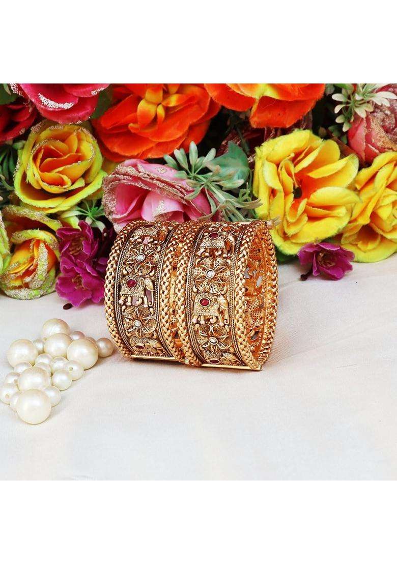 TAJ Bridal Store Rajwadi Bangles with Beautiful Elephant Design Golden Bracelet for Woman and Girls - Indya