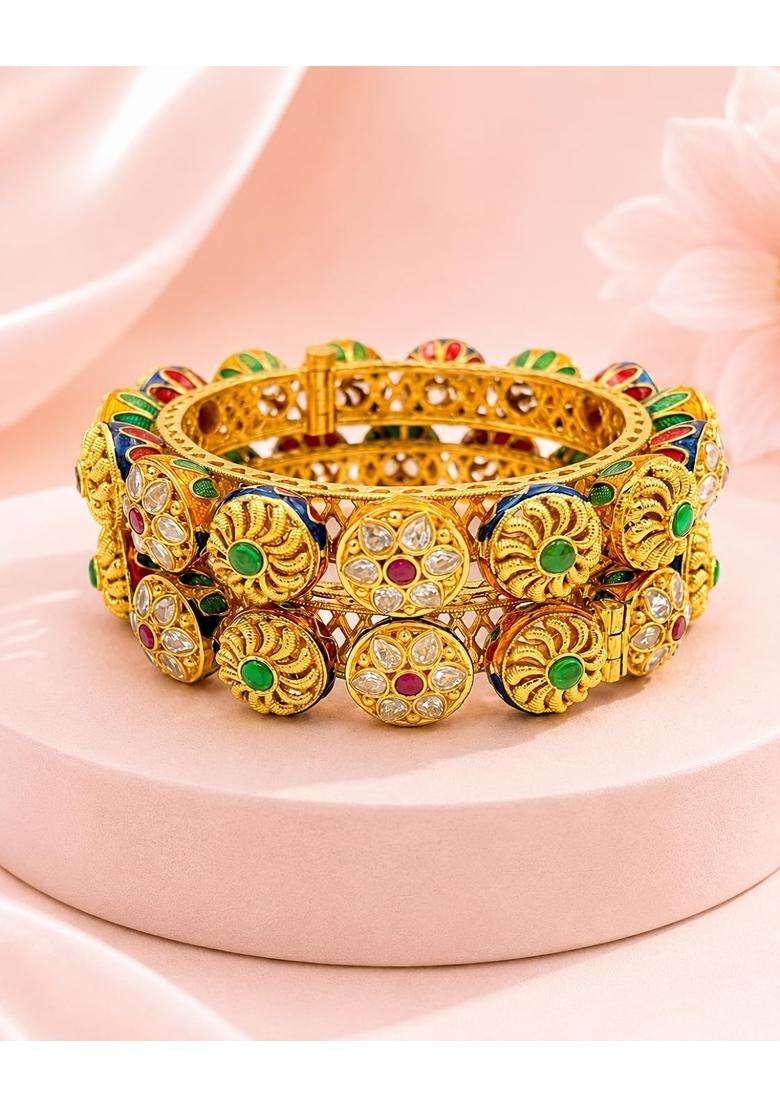 PM AURA Jewels Traditional Gold Plated Kundan Kada Bangles with Royal Meenakari Work Openable Brass Set of 2 - Indya