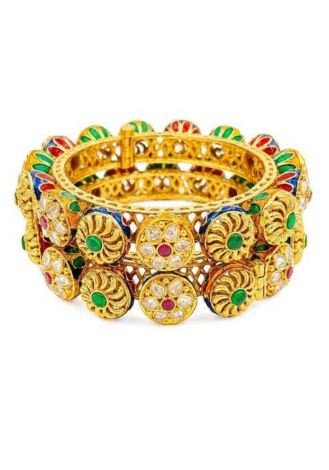 PM AURA Jewels Traditional Gold Plated Kundan Kada Bangles with Royal Meenakari Work Openable Brass Set of 2