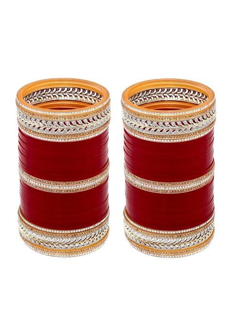 Lucky Jewellery Bridal Bangle Set Wedding Punjabi Chuda AD and CZ Stone Chura Maroon Color Choora for Women