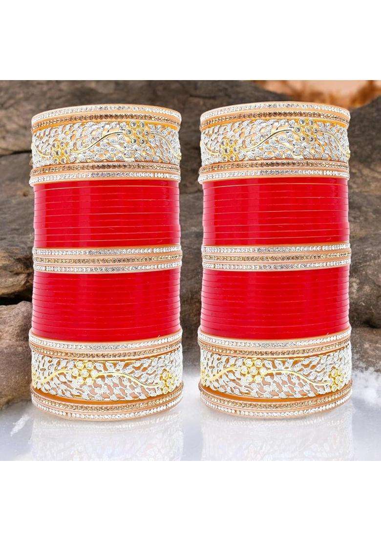 Lucky Jewellery Bridal Bangle Set Dhanteras Diwali Bhai Dooj Collection Red Designer AD and Golden Stone - Indya