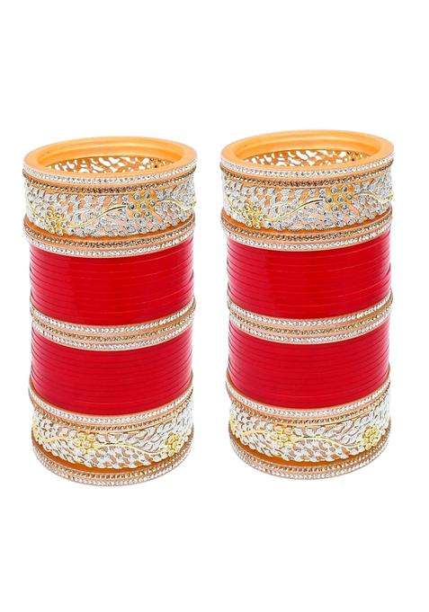 Lucky Jewellery Bridal Bangle Set Dhanteras Diwali Bhai Dooj Collection Red Designer AD and Golden Stone