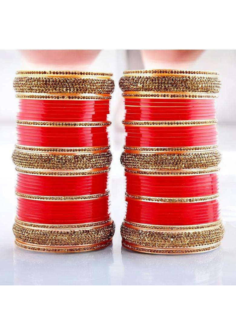 Lucky Jewellery Bridal Bangle Set Dhanteras Diwali Bhai Dooj Collection Red Golden Stone Chura Designer - Indya