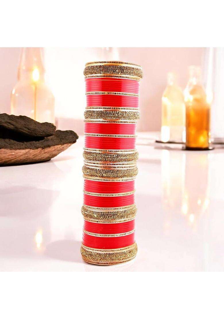 Lucky Jewellery Bridal Bangle Set Dhanteras Diwali Bhai Dooj Collection Red Golden Stone Chura Designer - Indya