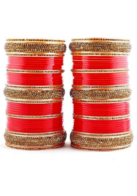 Lucky Jewellery Bridal Bangle Set Dhanteras Diwali Bhai Dooj Collection Red Golden Stone Chura Designer