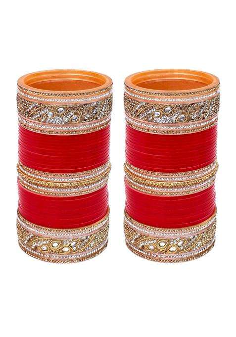 Amooca Red Bridal Chuda Set White Kundan Golden Stone Punjabi Wedding Designer Choora Bangles 1815 G1C1 2595