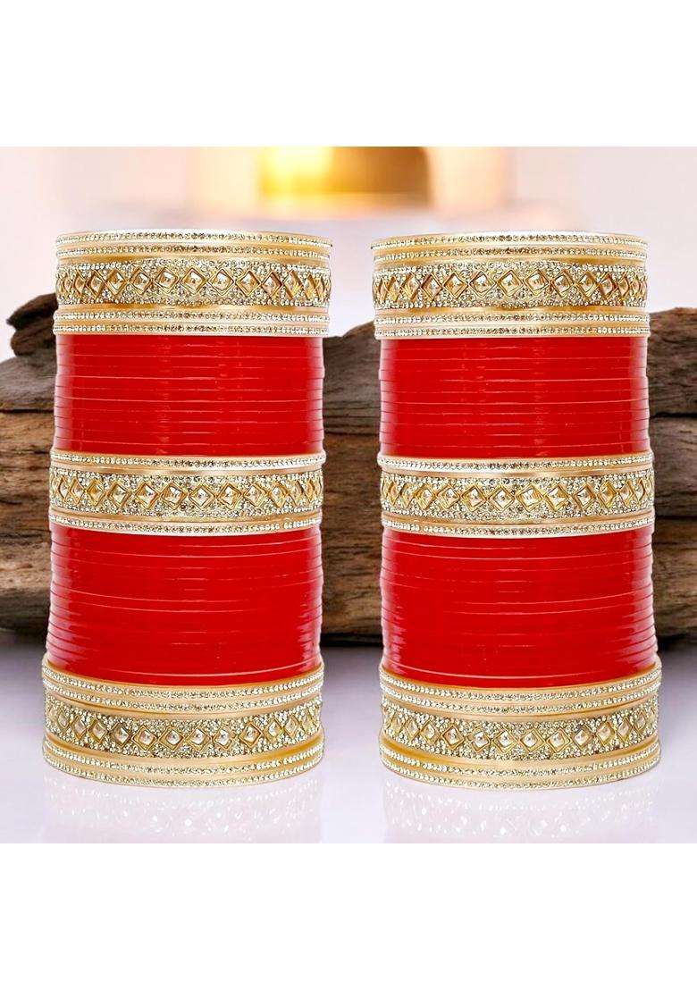 Lucky Jewellery Bridal Bangle Set Dhanteras Diwali Bhai Dooj Collection Red Designer Chura Punjabi Choora - Indya