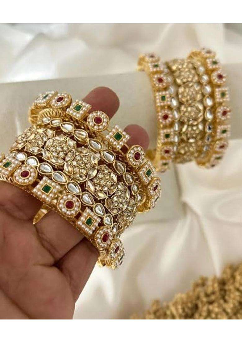 Zewar by Rajni Gold Stone Kade Pearl Bangles Gajre Stone Indian Bangles Punjabi Bangles Set - Indya