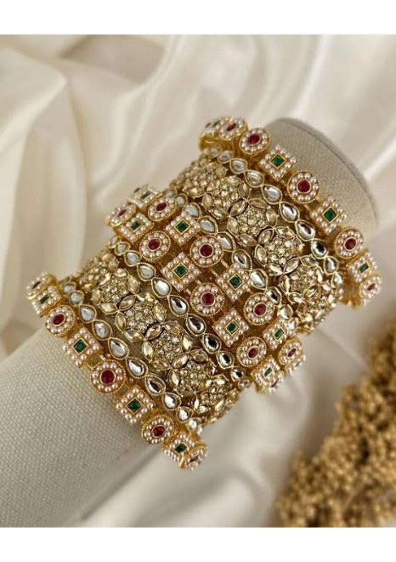 Zewar by Rajni Gold Stone Kade Pearl Bangles Gajre Stone Indian Bangles Punjabi Bangles Set - Indya