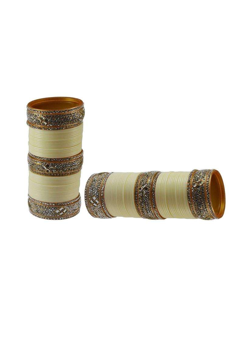 Vidhya Kangan Cream Stone Stud Acrylic Bangle Very Extra Large Size - Indya