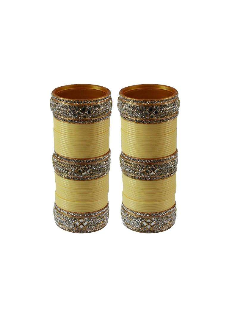 Vidhya Kangan Drak Cream Stone Stud Acrylic Bangle Very Extra Large Size - Indya
