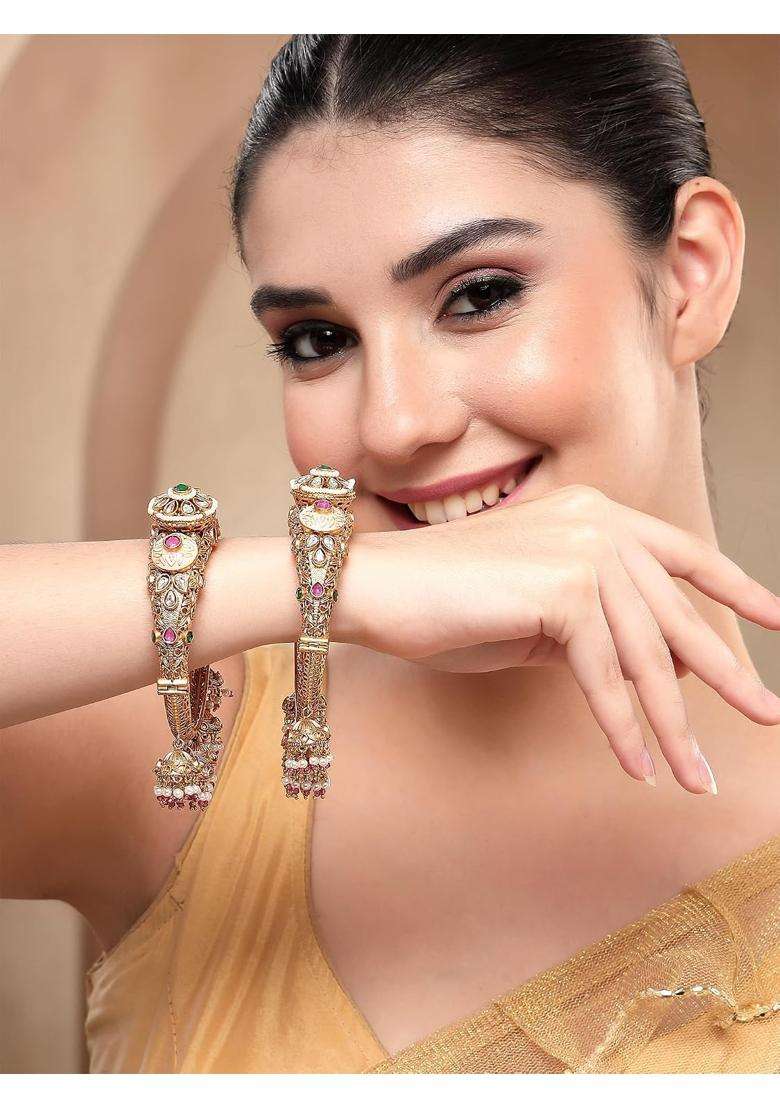 Karatcart Traditional Royal Design Gold Plated Red Stone Bridal Jhumka Bangles for Women - Indya