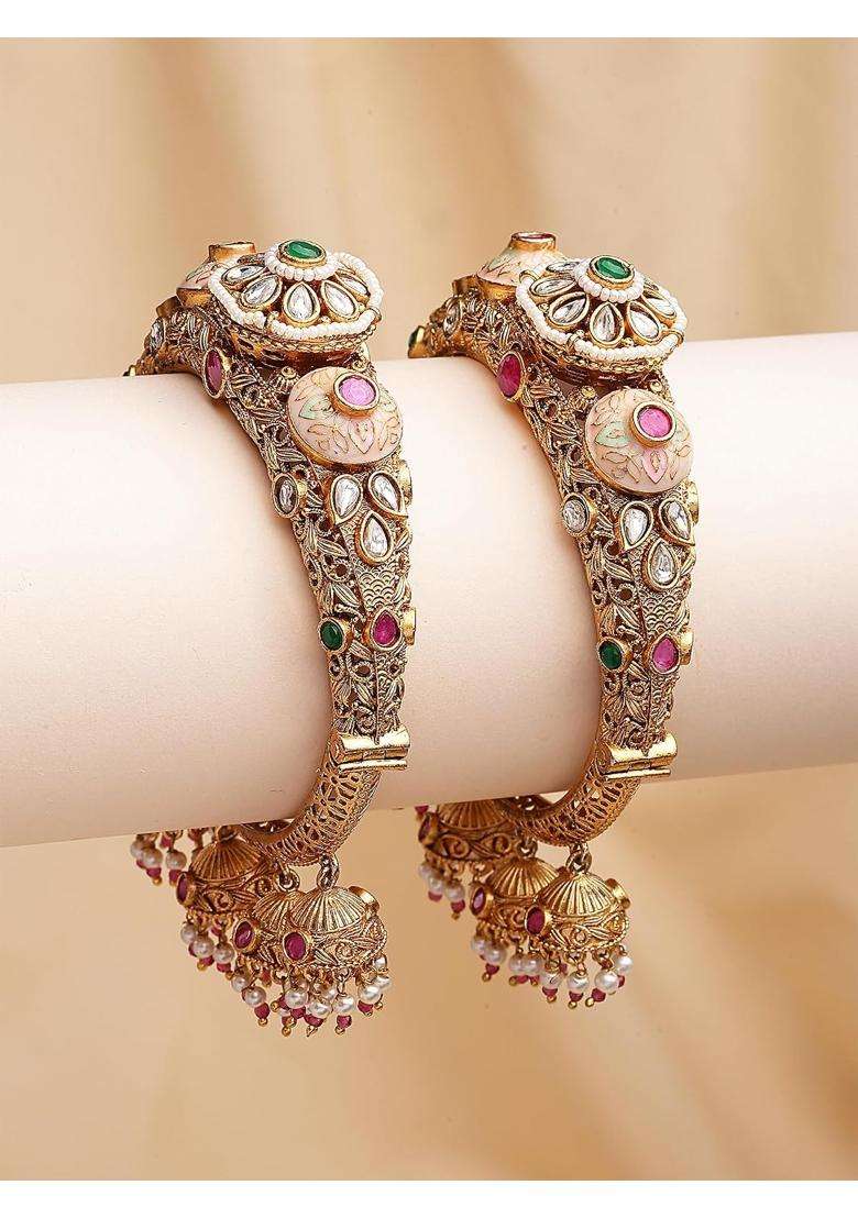 Karatcart Traditional Royal Design Gold Plated Red Stone Bridal Jhumka Bangles for Women - Indya
