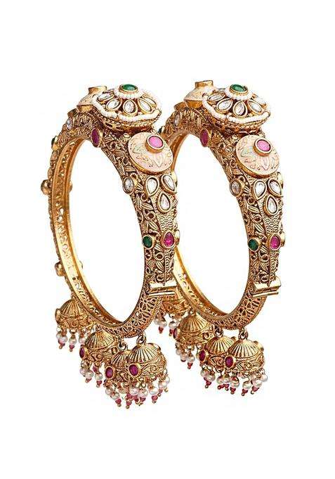 Karatcart Traditional Royal Design Gold Plated Red Stone Bridal Jhumka Bangles for Women