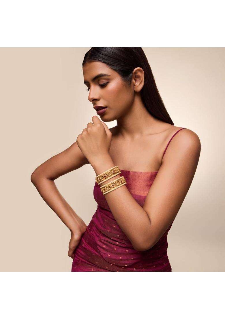 Kushals Fashion Jewellery Ruby Gold Plated Antique Bangles for Women Festive Bridal and Occasion Wear - Indya