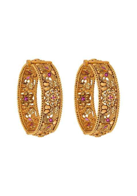 Kushals Fashion Jewellery Ruby Gold Plated Antique Bangles for Women Bridal Bridesmaid and Occasion Wear
