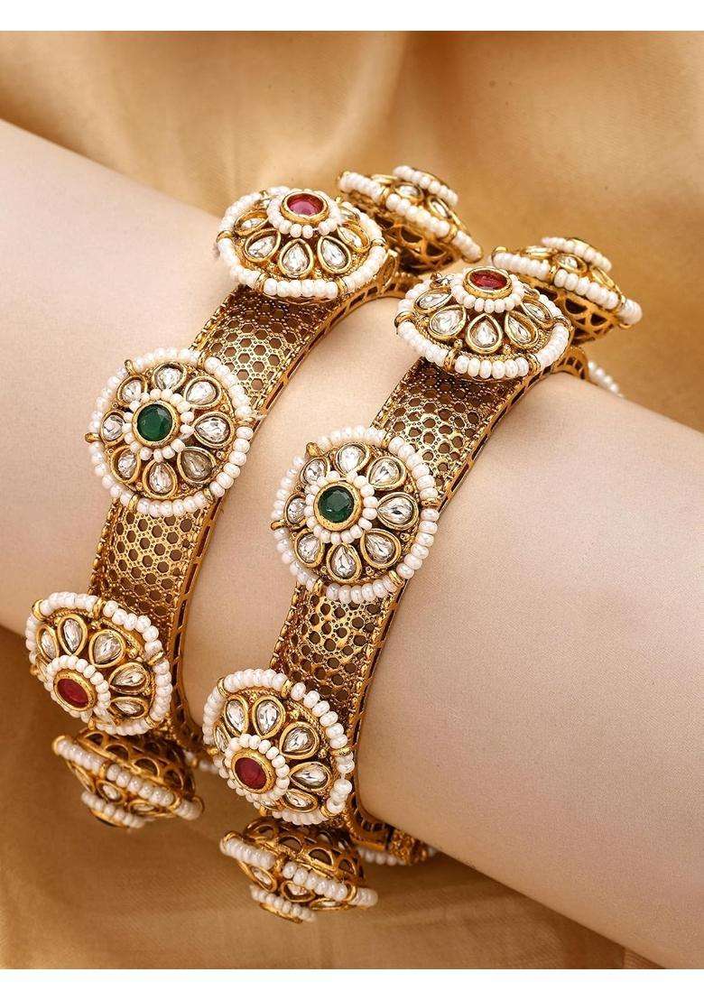 Karatcart Rajwadi Gold Plated Floral Design Bridal Bangles for Women - Indya