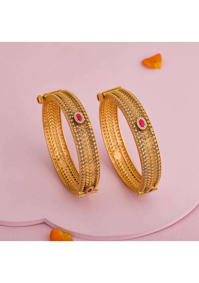 Kushals Fashion Jewellery Ruby Gold Plated Antique Bangles for Women Festive Bridal and Occasion Wear - Indya