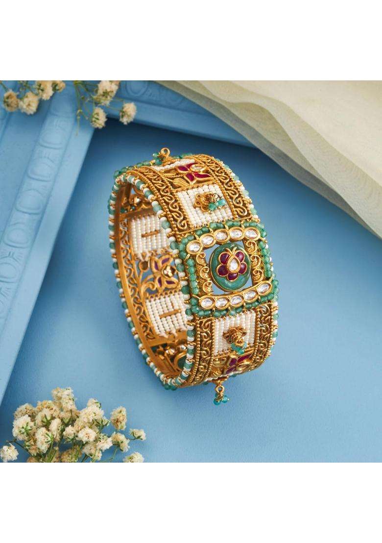 Kushals Fashion Jewellery Ruby Green Victorian Plated Kundan Bangle for Women Bridal - Indya