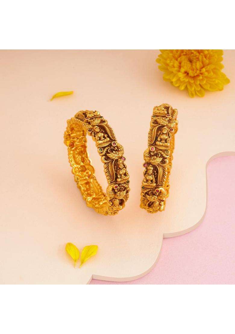 Kushals Fashion Jewellery Ruby Green Gold Plated Antique Bangles for Women Festive Bridal and Occasion Wear - Indya