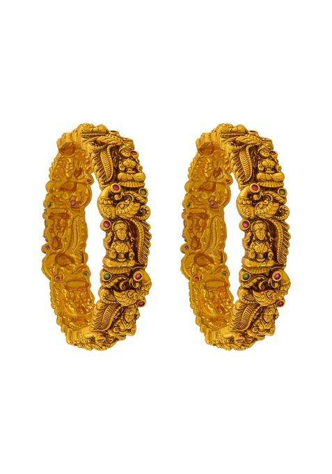 Kushals Fashion Jewellery Ruby Green Gold Plated Antique Bangles for Women Festive Bridal and Occasion Wear