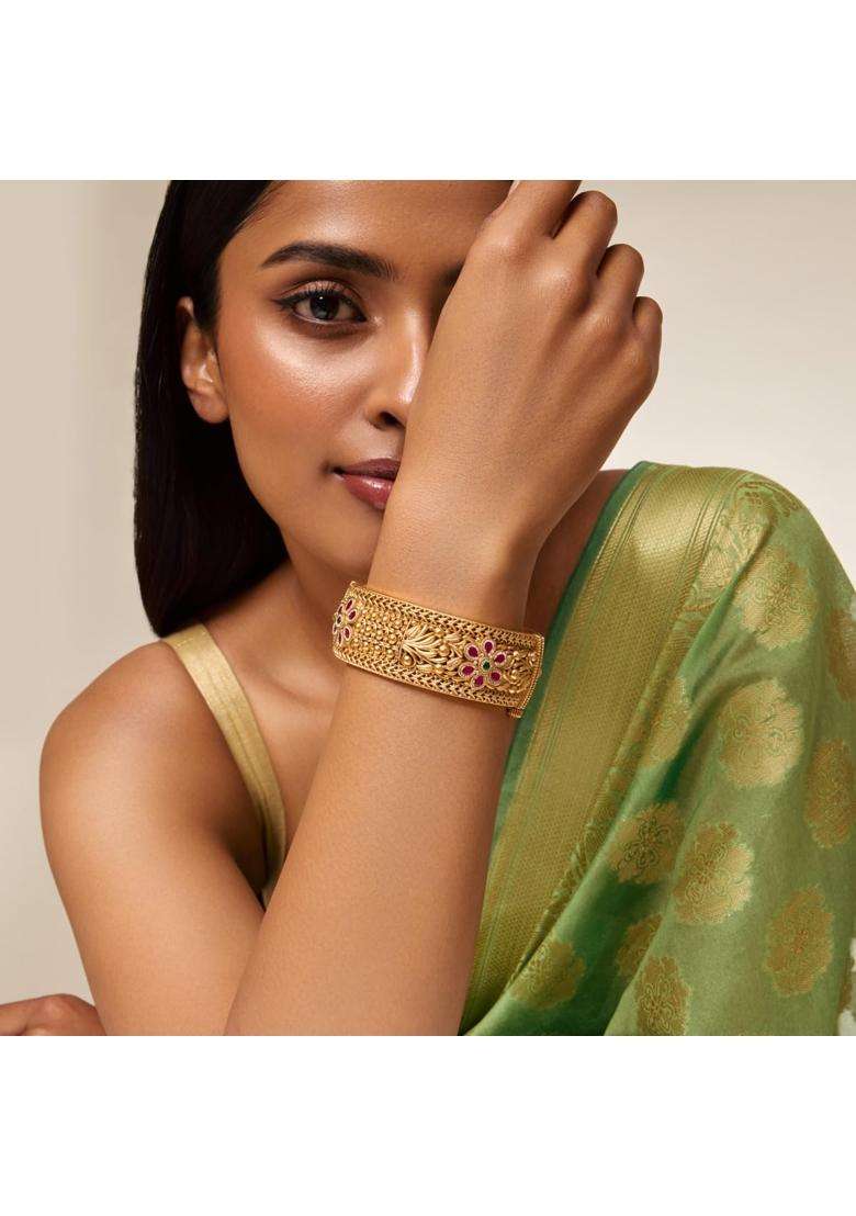 Kushals Fashion Jewellery Ruby Green Gold Plated Antique Bangle for Women Bridal Bridesmaid and Occasion Wear - Indya