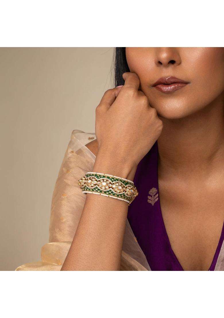 Kushals Fashion Jewellery Green Victorian Plated Kundan Bangle for Women Bridal Bridesmaid and Occasion Wear - Indya
