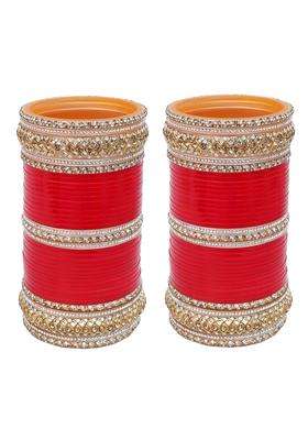 Lucky Jewellery Bridal Bangle Set Dhanteras Diwali Bhai Dooj Collection Red and White Kundan Golden Stone