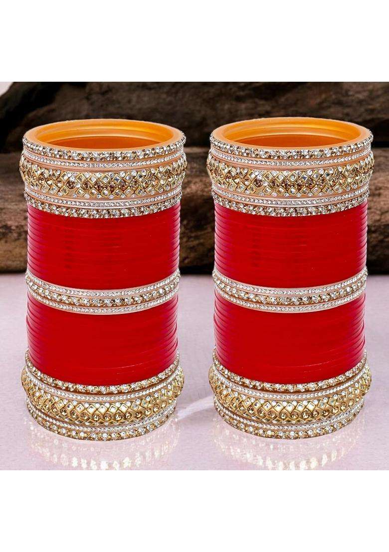 Lucky Jewellery Bridal Bangle Set Dhanteras Diwali Bhai Dooj Collection Red and White Kundan Golden Stone - Indya