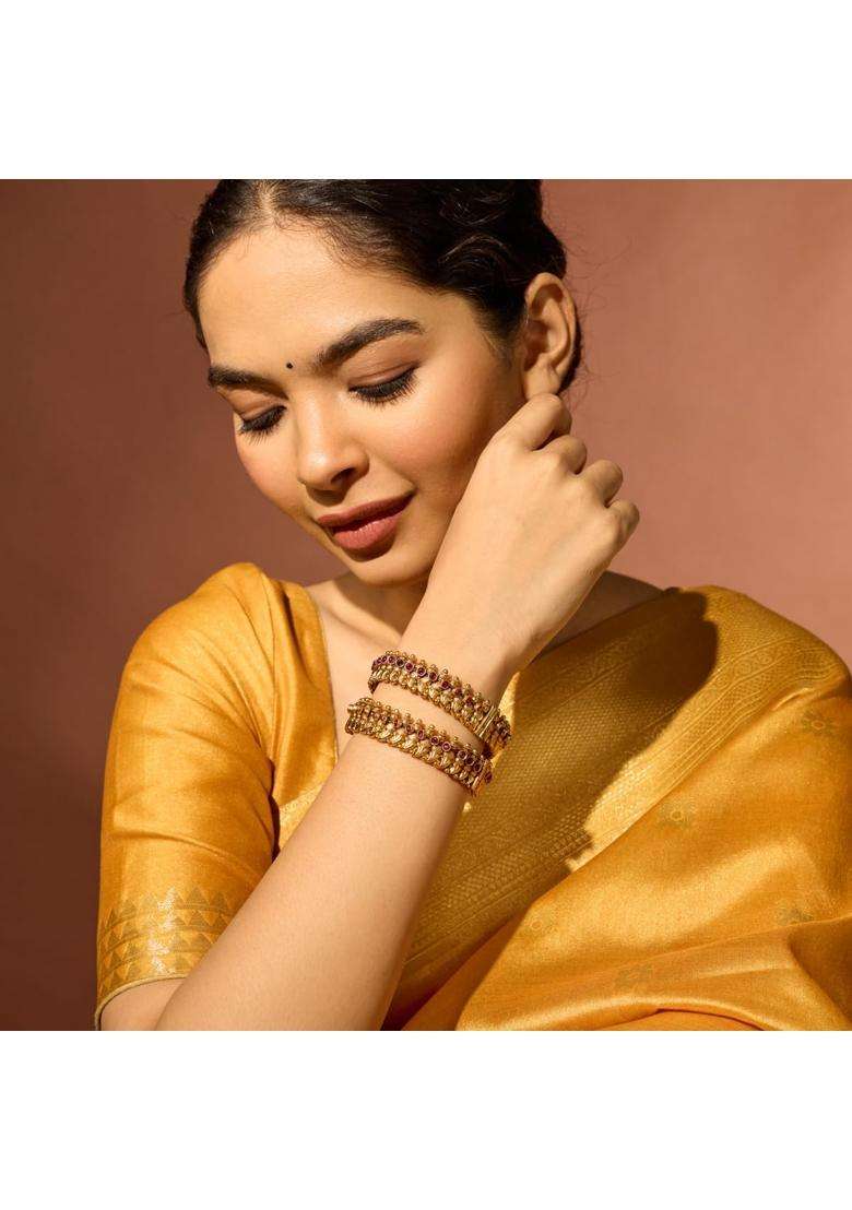 Kushals Fashion Jewellery Ruby Gold Plated Antique Bangles for Women Bridal Bridesmaid and Occasion Wear - Indya